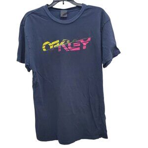Oakley Navy Blue Neon Pink Yellow Distress Logo Regular Fit Graphic Tee Unisex L